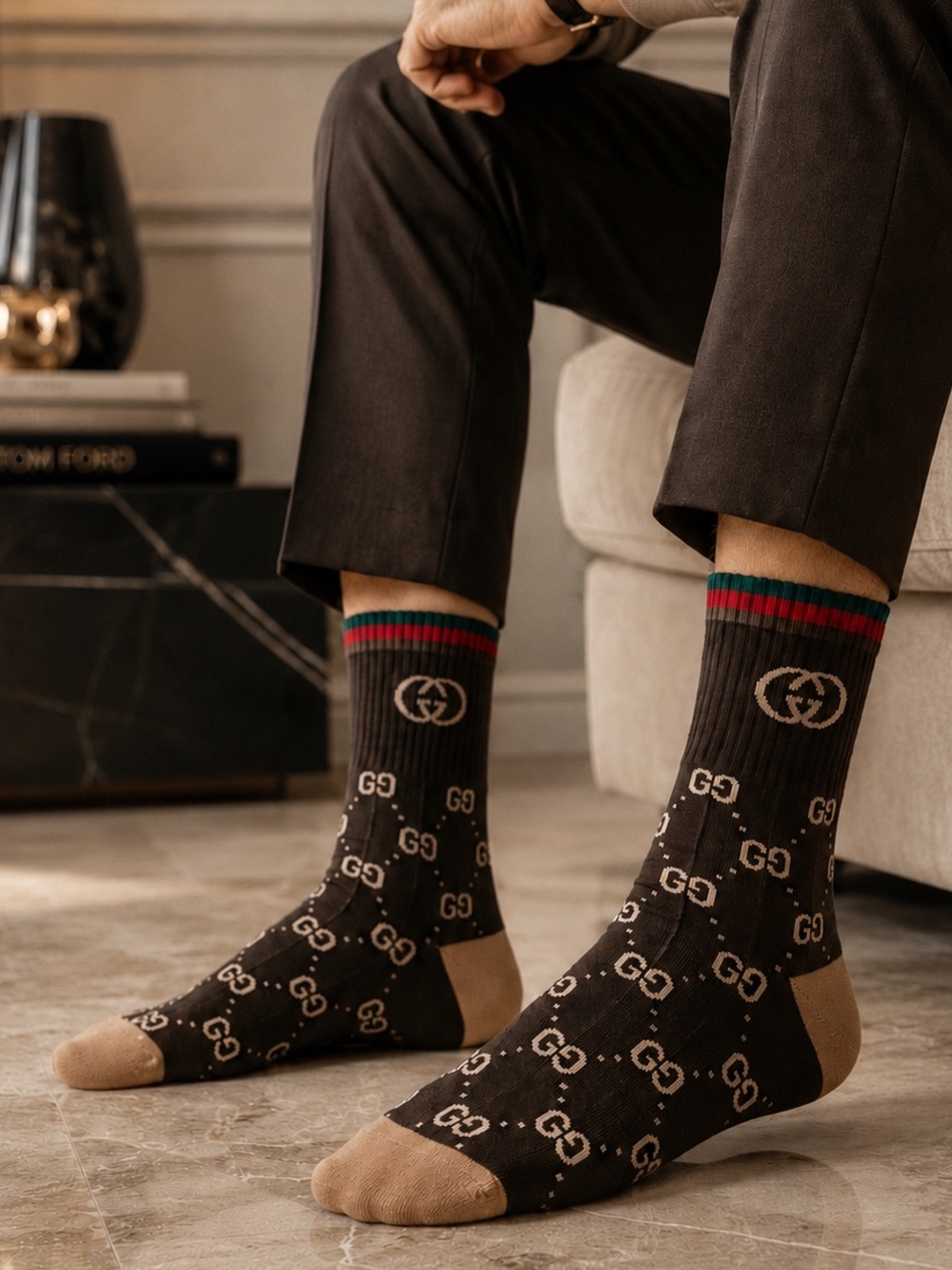 Gucci Brown GG Monogram Crew Socks with Green-Red Stripe